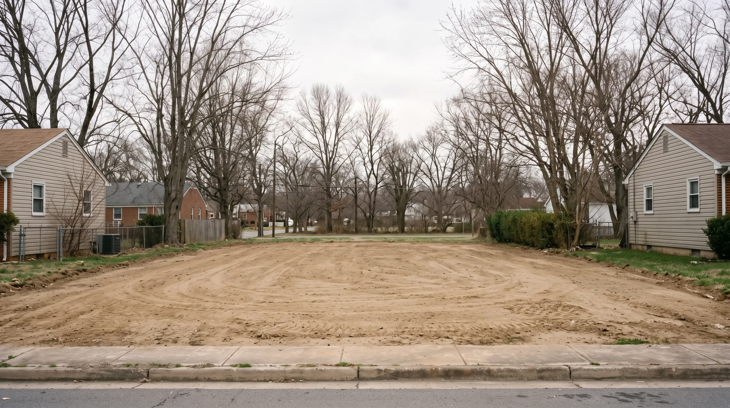 Cleared and graded lot after full house demolition in Dale City, VA