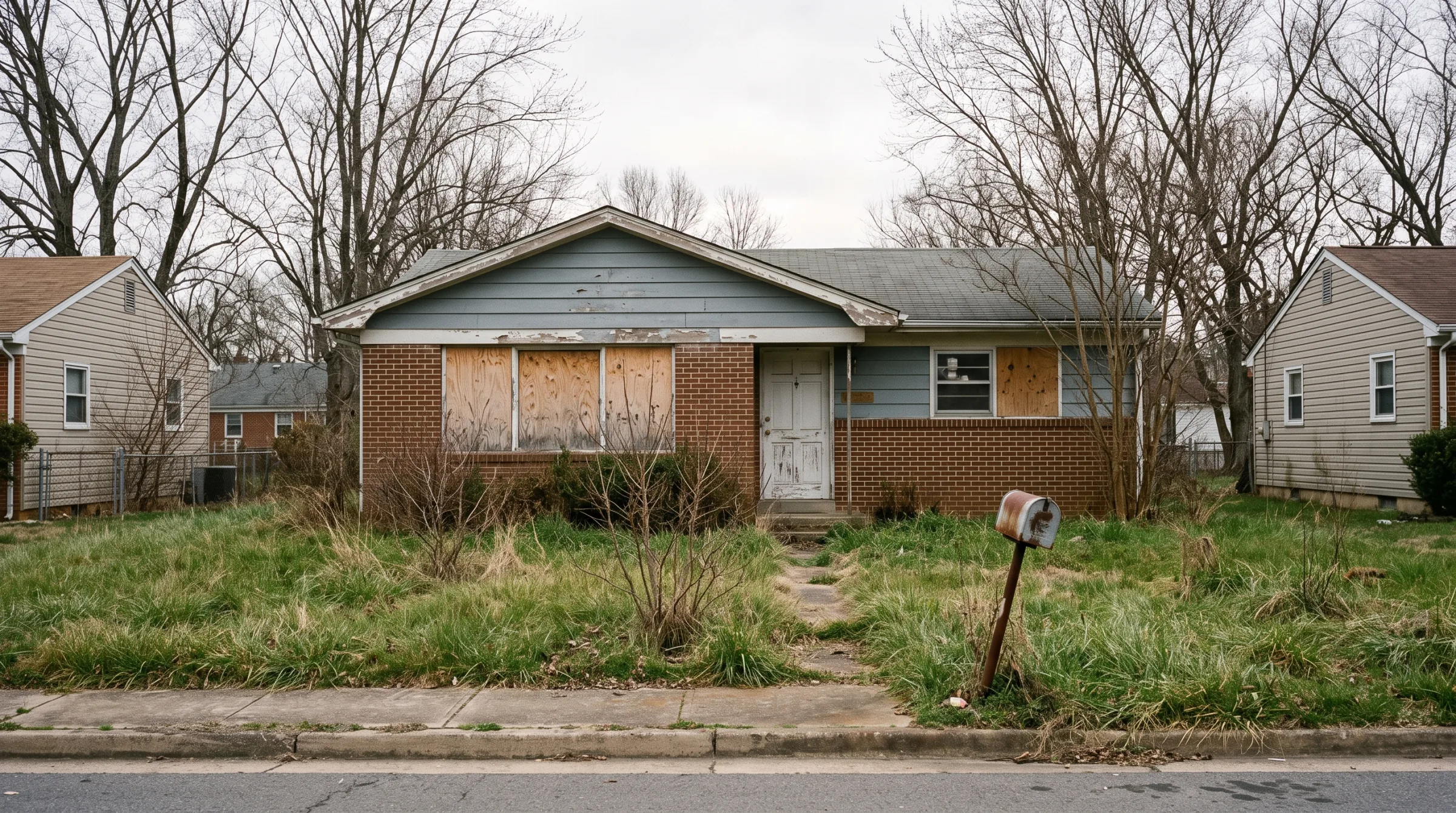 Worn vacant 1960s rambler with boarded windows before demolition in Dale City, VA