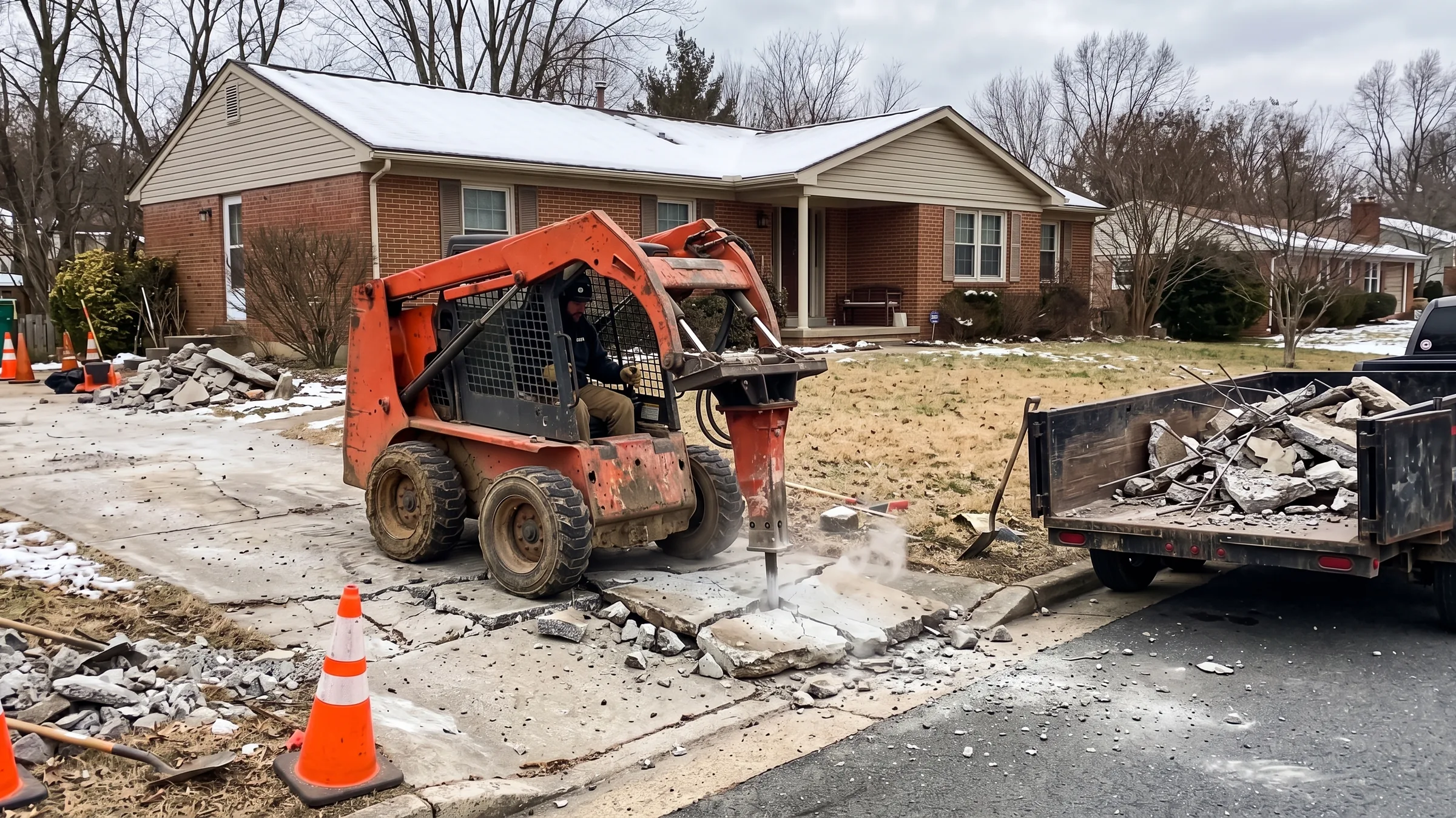 Skid steer with a hydraulic breaker during concrete removal in Dale City, VA, lifting broken driveway sections into a dump trailer