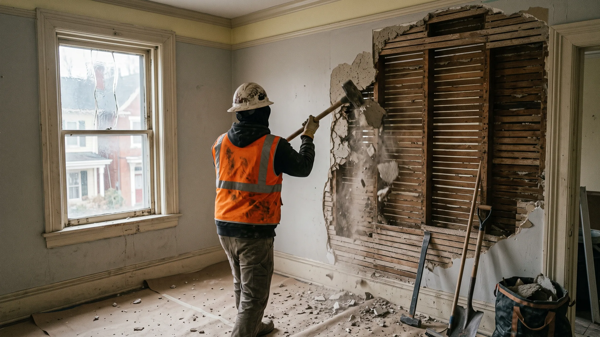 Crew hand demolishing plaster and lath walls inside an early twentieth century home near the historic core of Manassas, Virginia