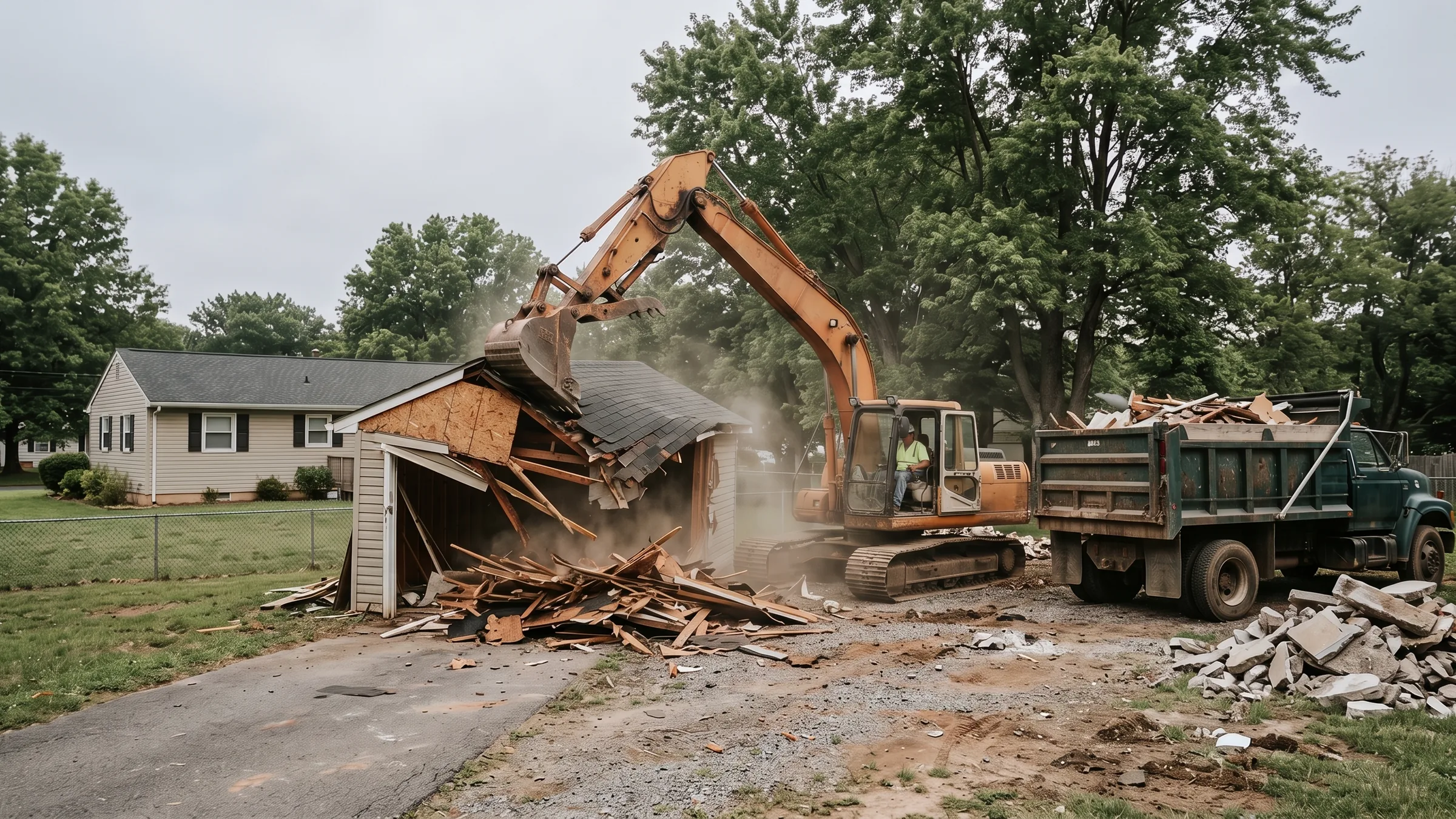 Excavator taking down a detached garage on a residential lot in Prince William County, Virginia