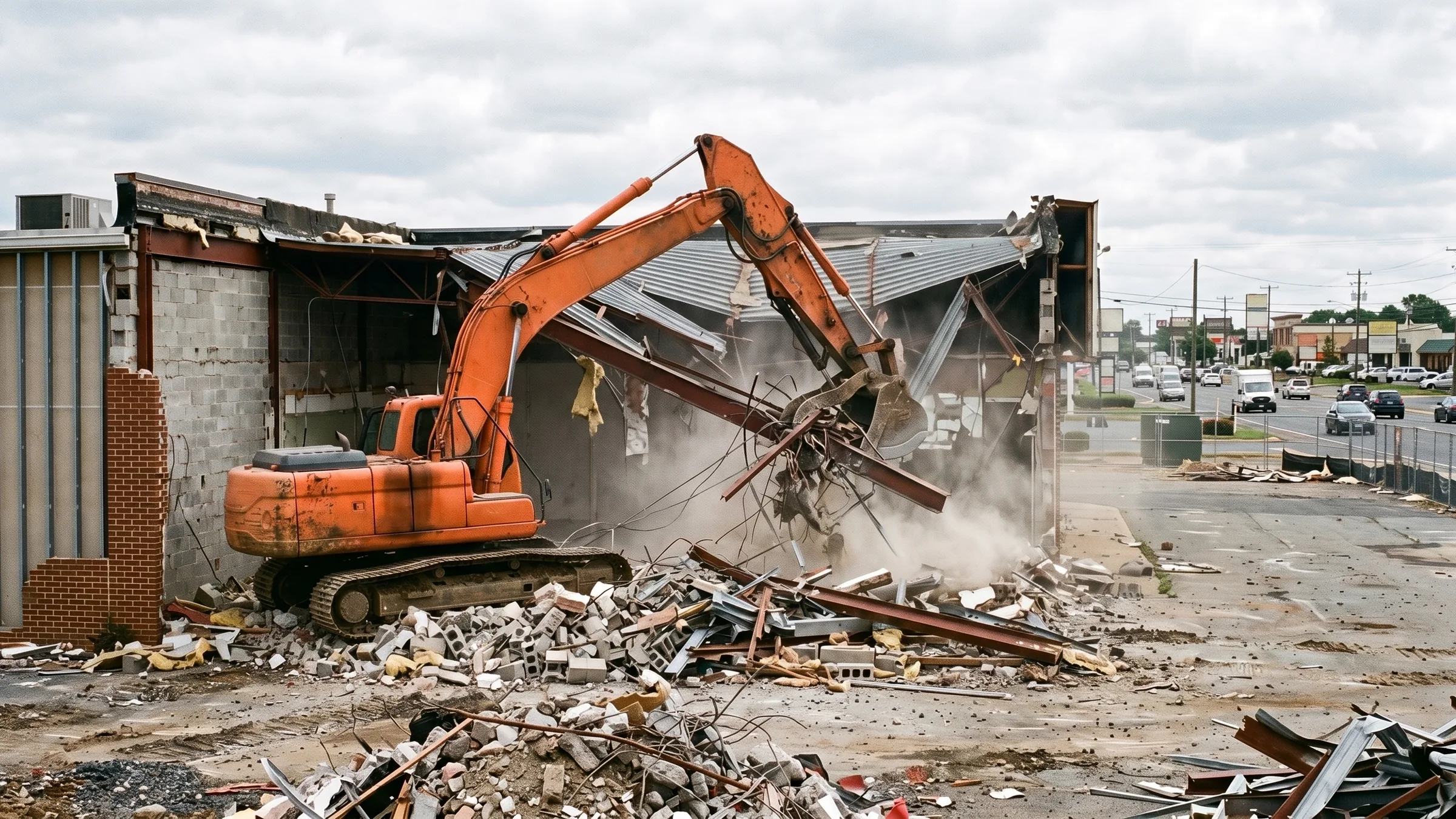 Excavator pulling down an older single story commercial building on a cleared Route 1 corridor parcel in Dumfries, Virginia