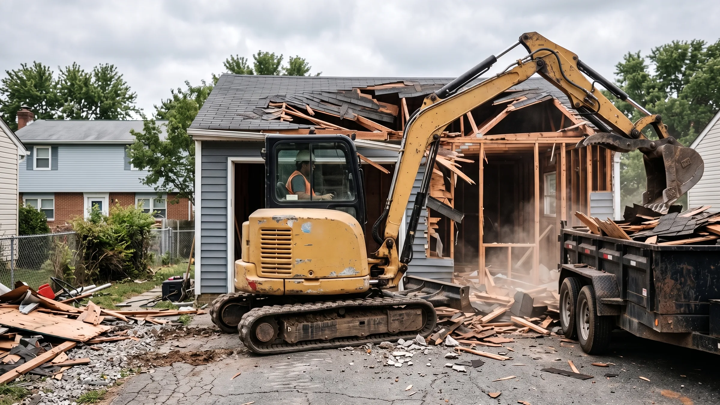 Compact excavator mid-teardown of a detached two-car garage during a garage demolition in Dale City, VA, with framing loaded into a dump trailer