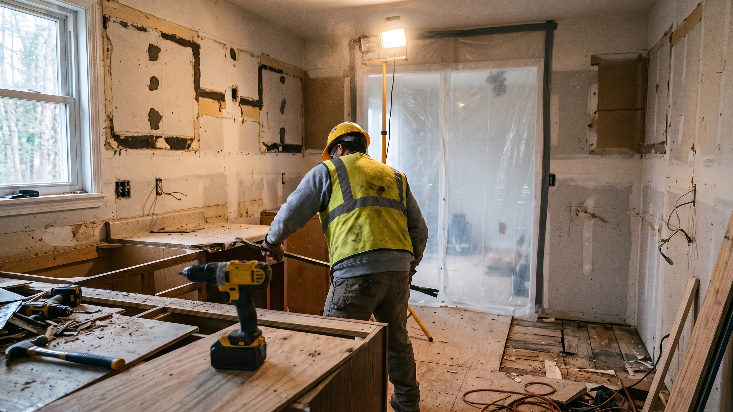 Crew performing interior demolition in a Prince William County kitchen, with cabinets removed, plastic dust containment hung, and floors protected