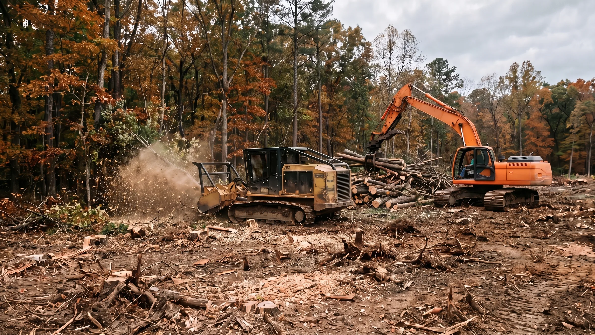 Tracked mulcher and excavator during land clearing in Prince William County VA, cutting brush and stacking timber at the edge of a wooded building lot